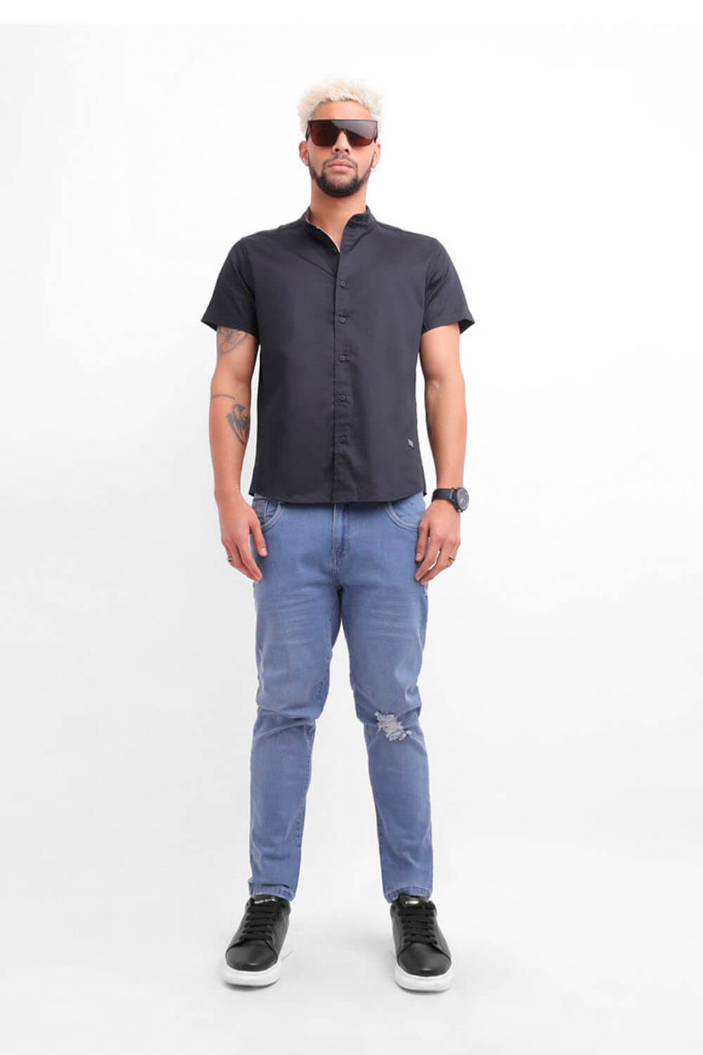 Camisa Hombre Manga Corta Satín Negro - 210132