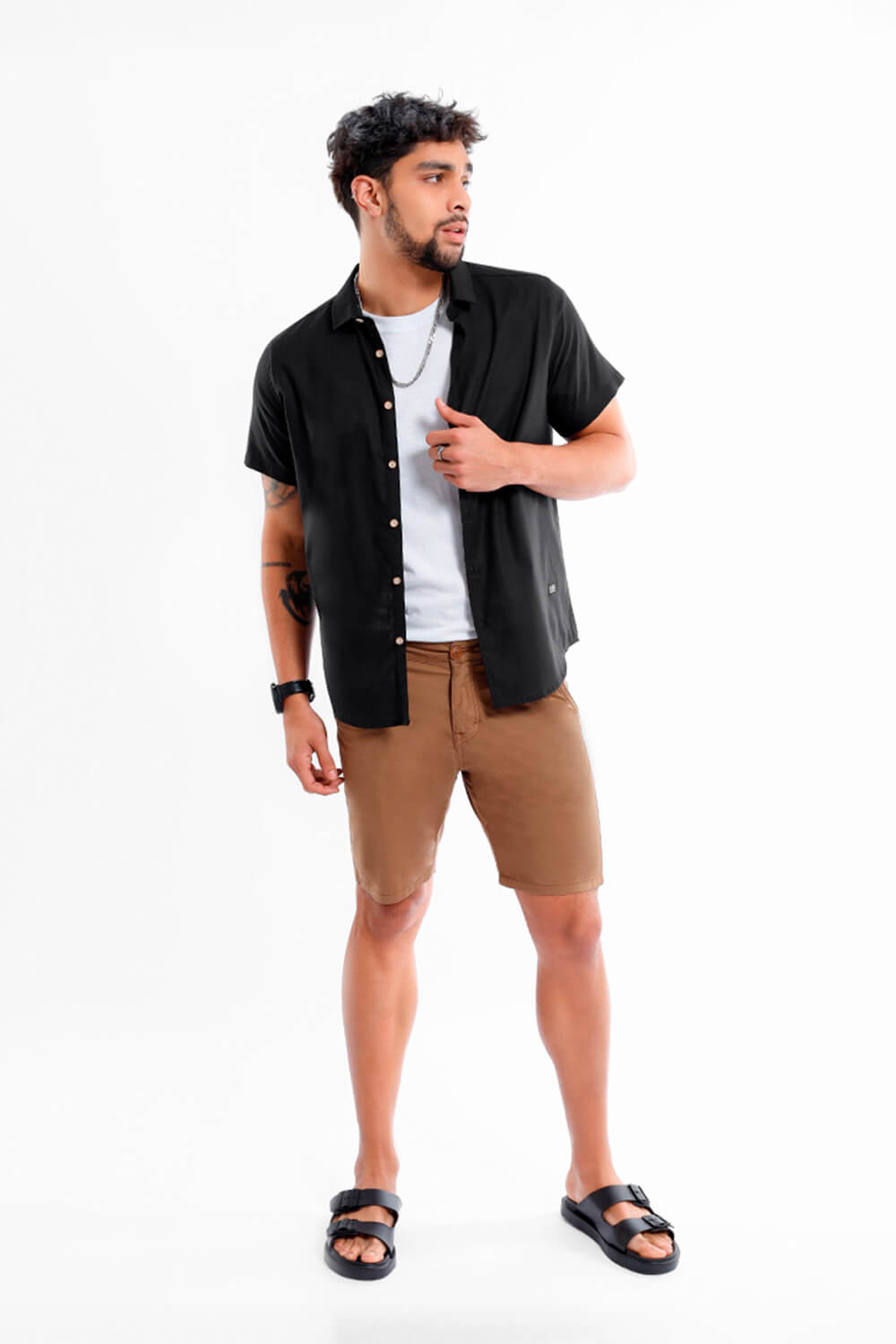 Camisa Hombre Manga Corta Lino Negro - 220360