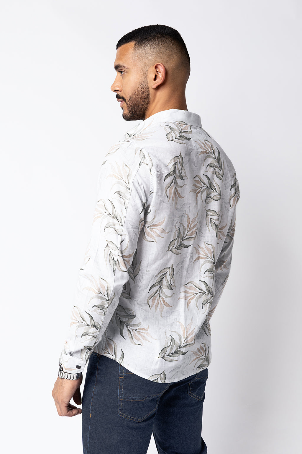 Camisa Lino Blanco Est. Ramas Verdes