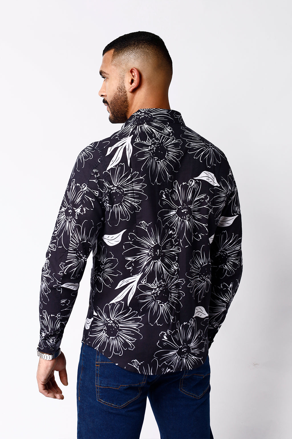 Camisa Lino Azul Est Hojas Blancas