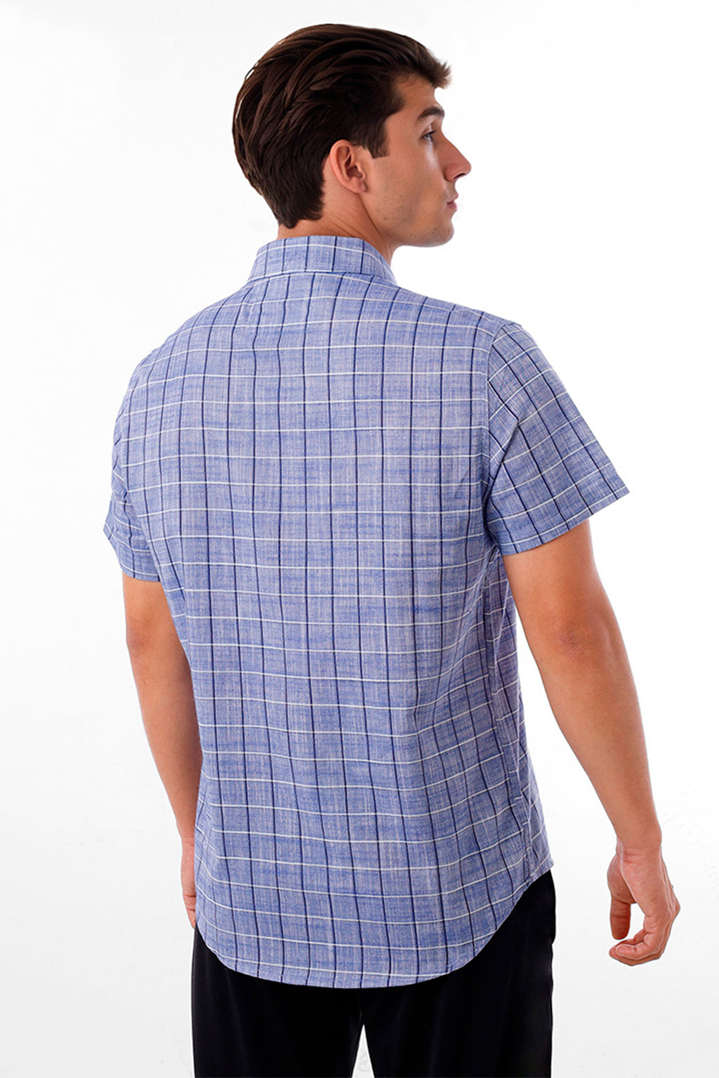 Camisa Lino Cuadros Azul