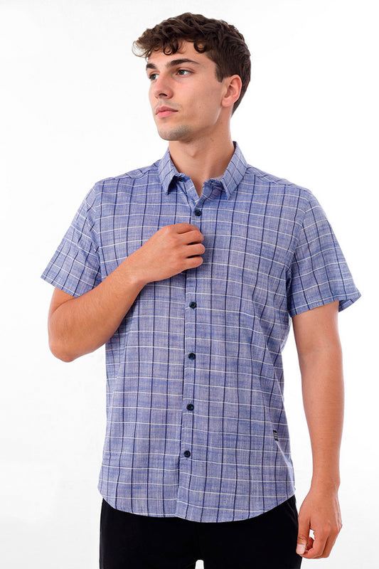 Camisa Lino Cuadros Azul