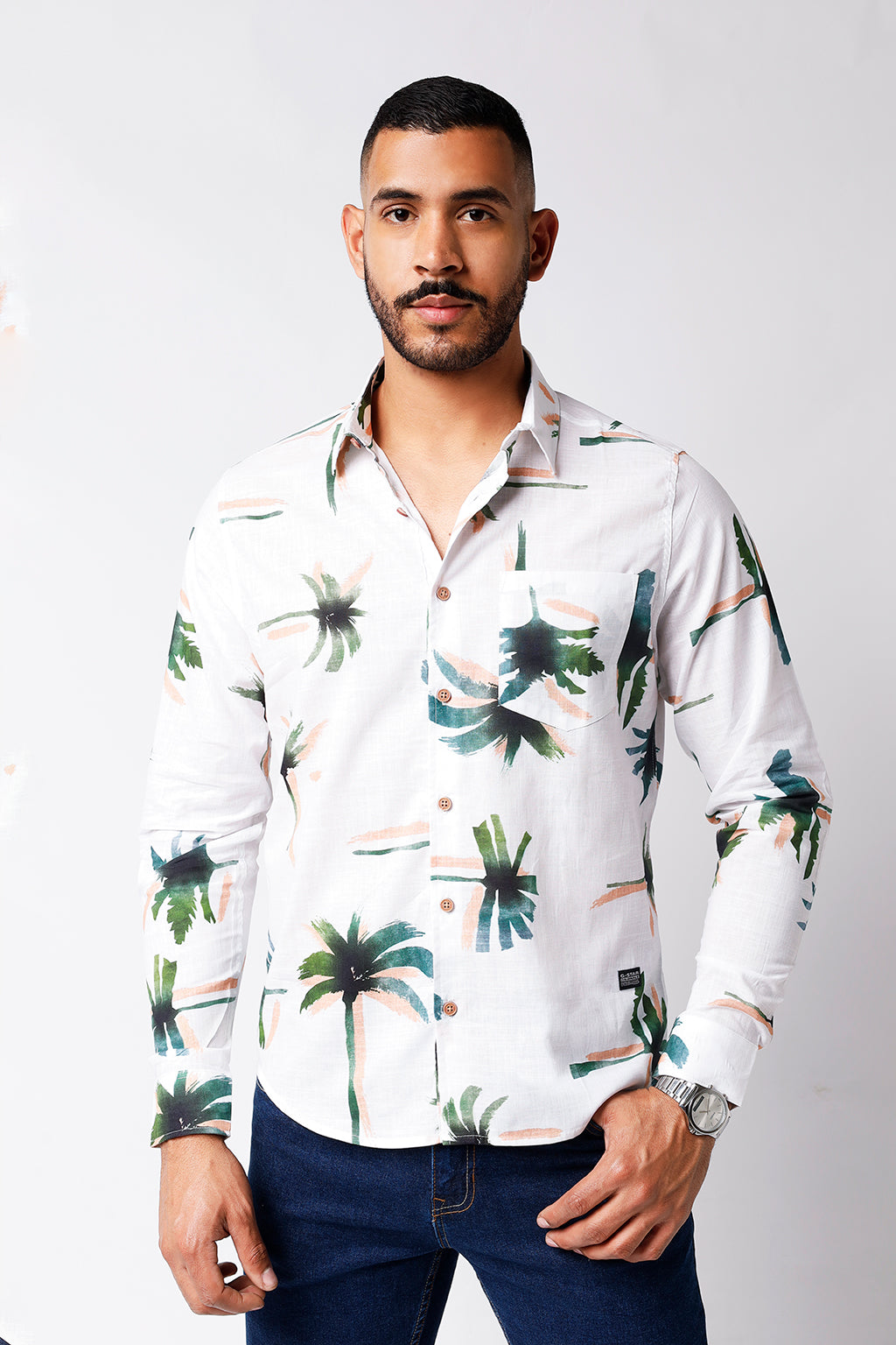 Camisa Lino Est Palmeras Verdes