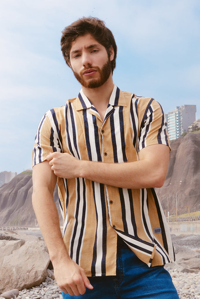 Camisa Hombre Manga Corta Estampado Beige - 230140