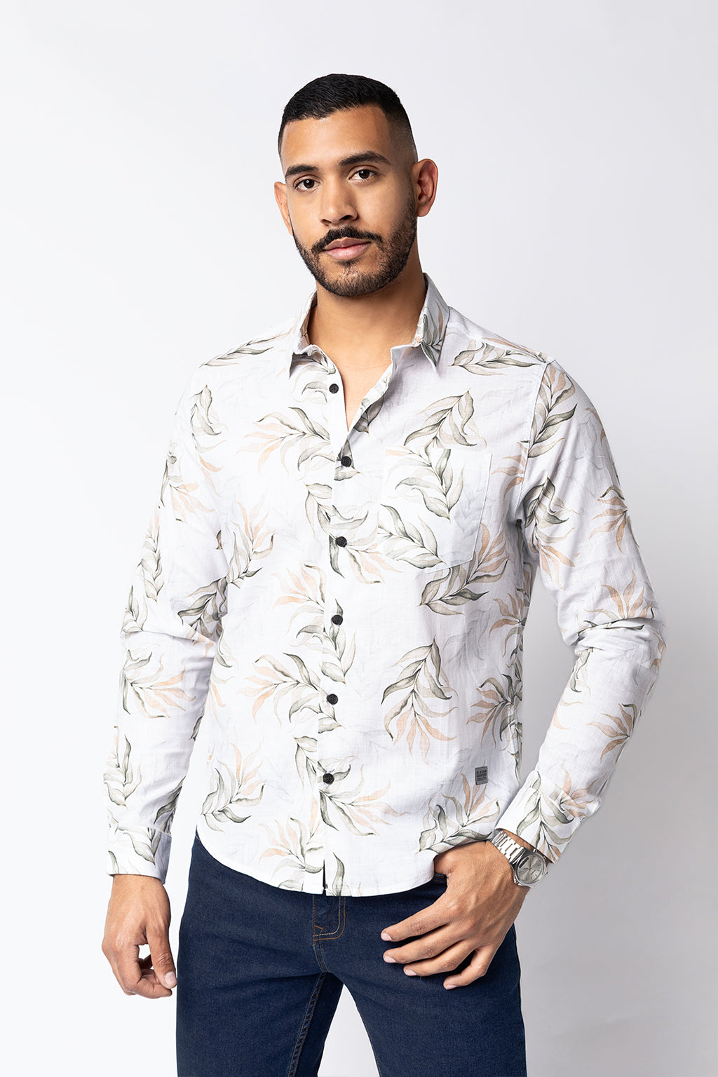 Camisa Lino Blanco Est. Ramas Verdes
