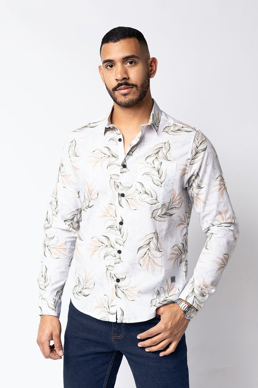 Camisa Lino Blanco Est. Ramas Verdes