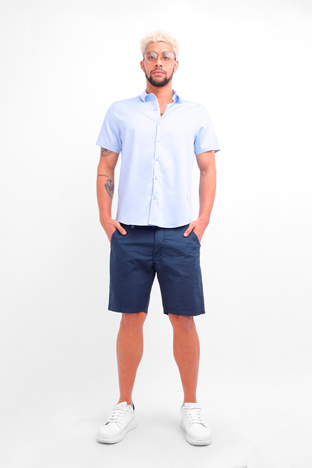 Camisa Hombre Manga Corta Satín Celeste - 220146