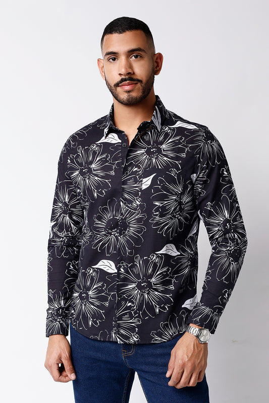 Camisa Lino Azul Est Hojas Blancas