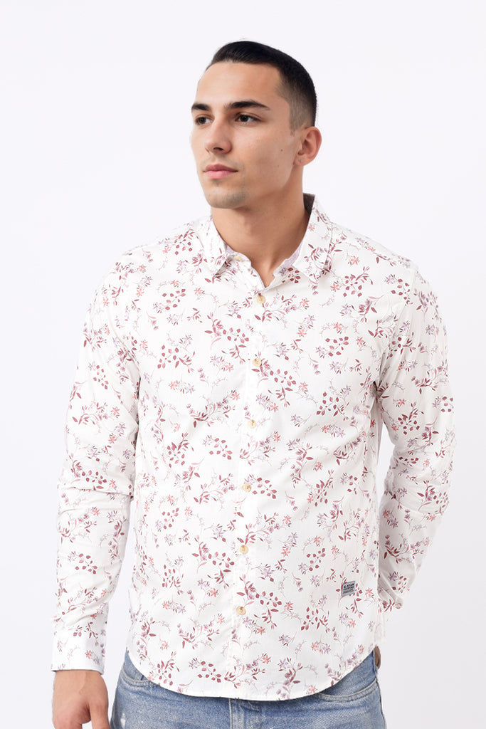 Camisa Hombre Manga Larga Crema Estampado Flores Guindas -  220271