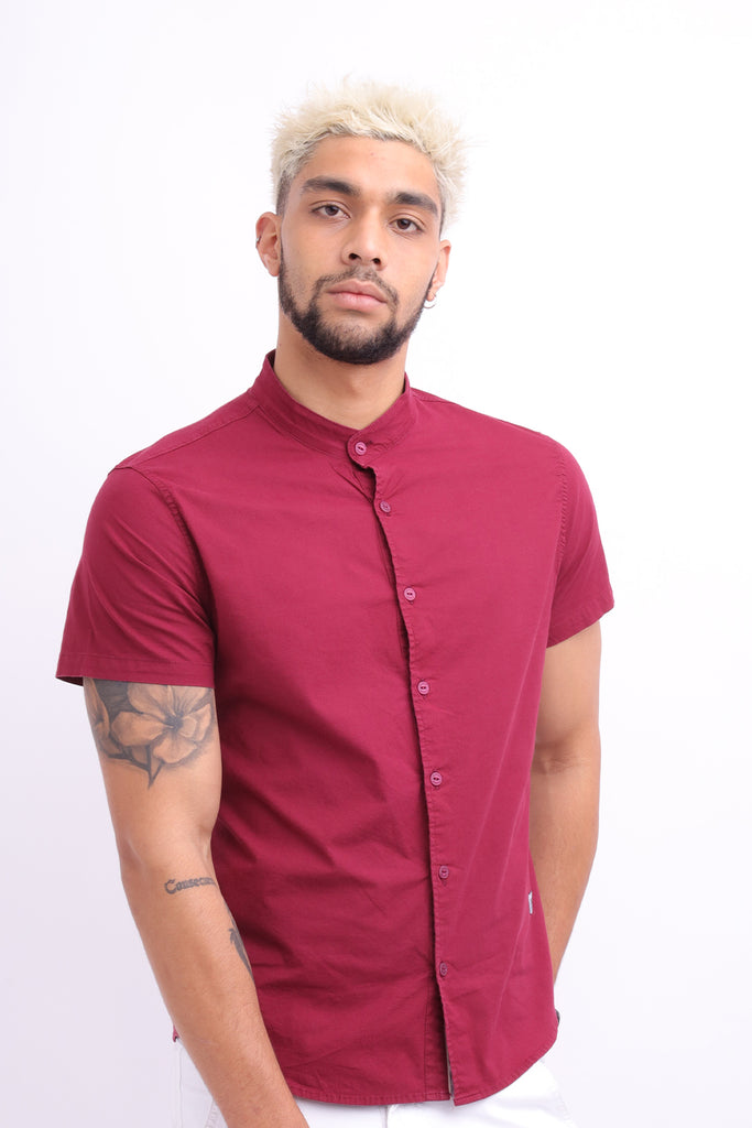 Camisa Hombre Manga Corta Cuello Nerú Vino - 210376
