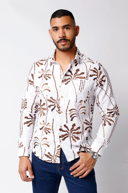 Camisa Lino Blanco Est Ramas Marrones
