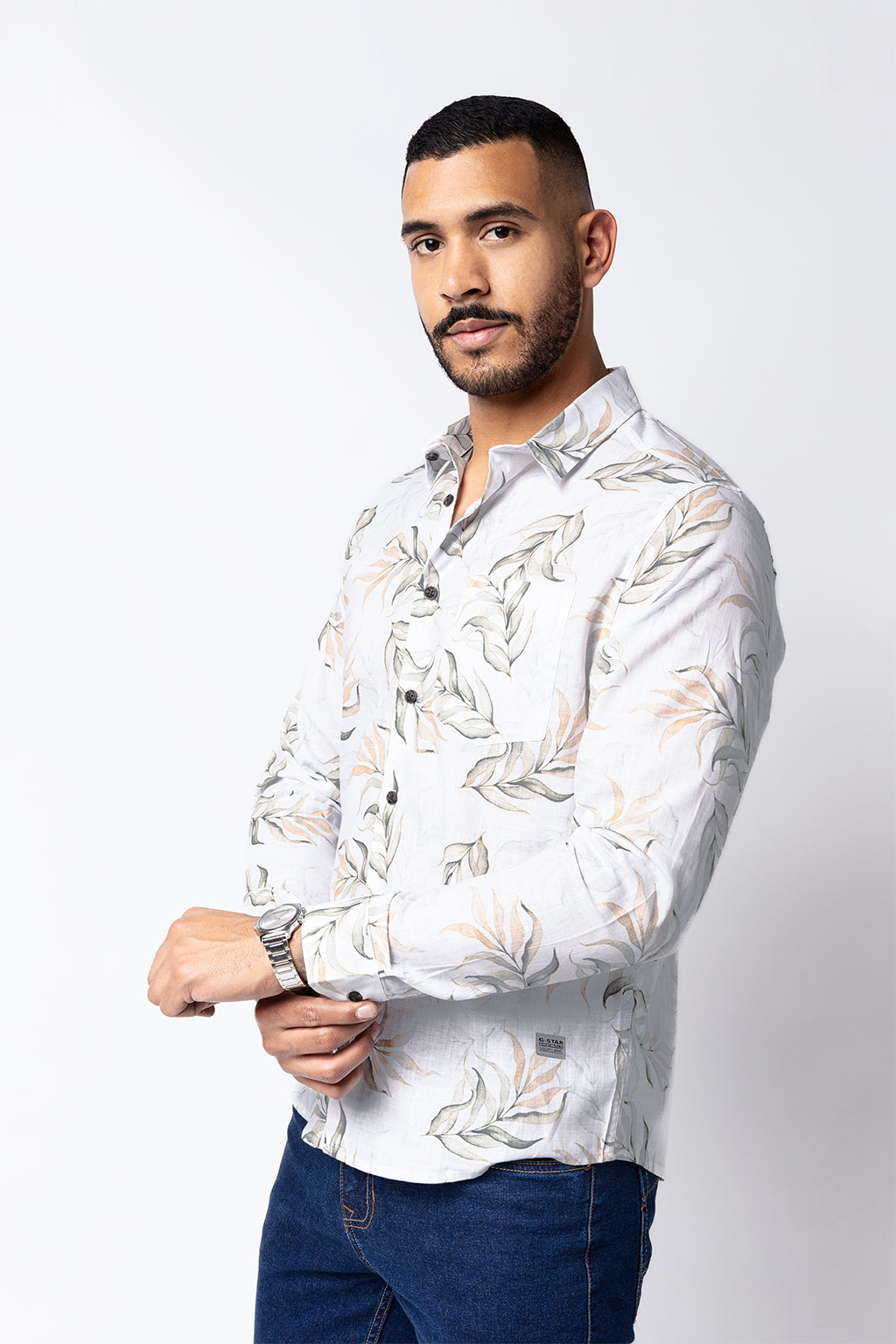 Camisa Lino Blanco Est. Ramas Verdes