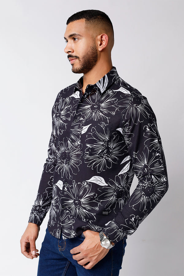 Camisa Lino Azul Est Hojas Blancas