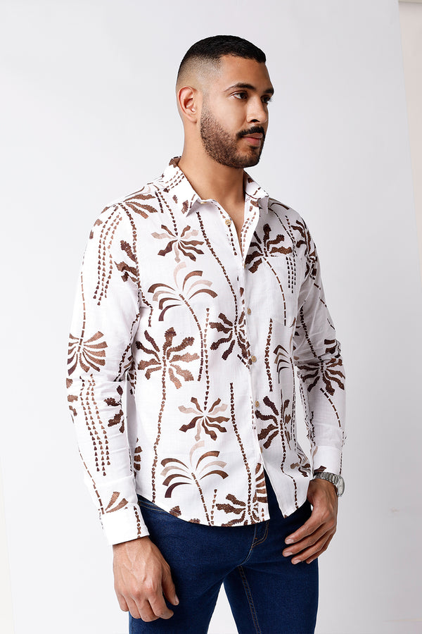 Camisa Lino Blanco Est Ramas Marrones