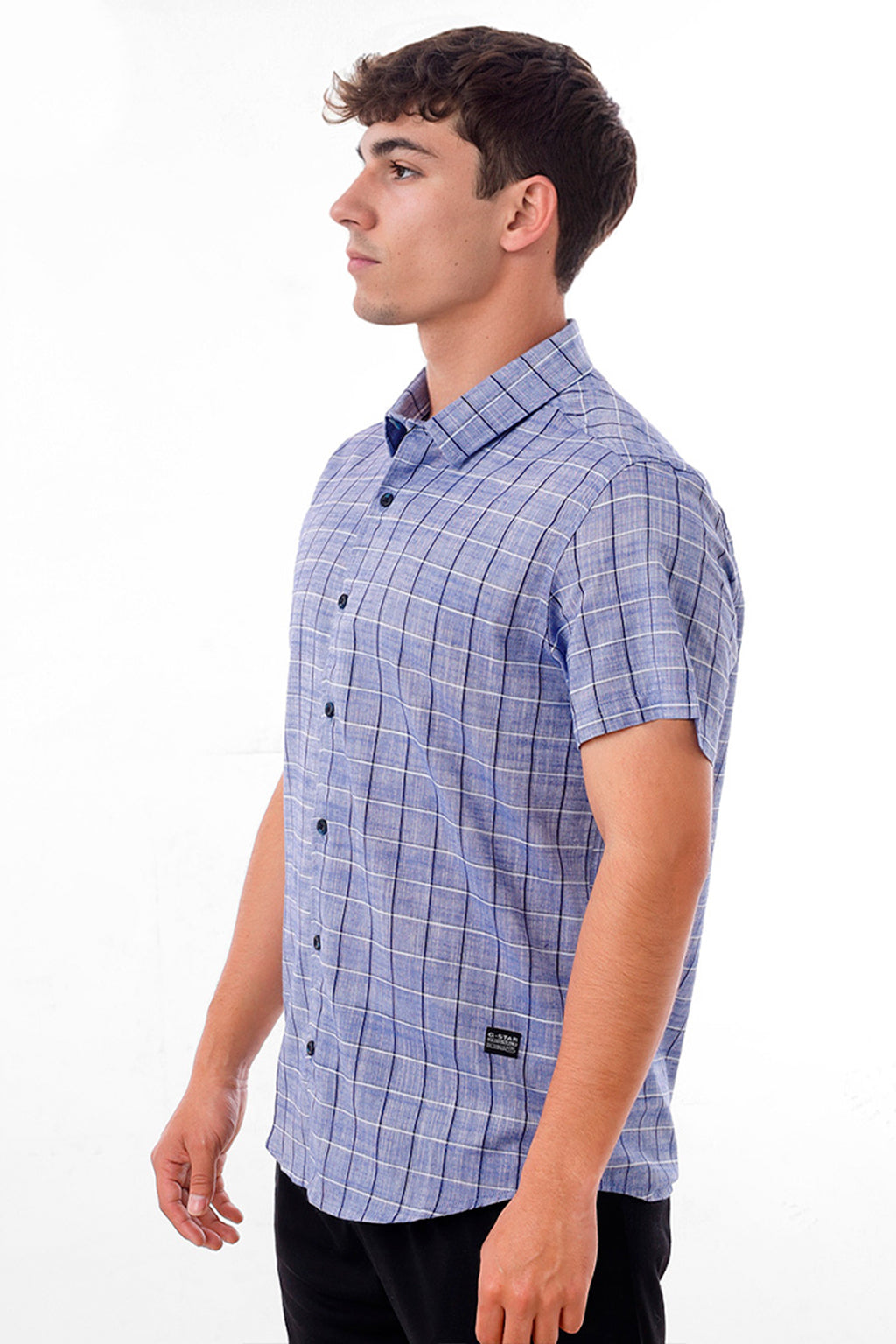 Camisa Lino Cuadros Azul