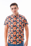 Camisa Hombre Manga Corta Pima Azul Estampado Calavera Naranja - 220082