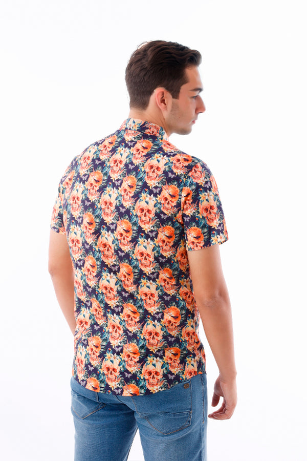 Camisa Hombre Manga Corta Pima Azul Estampado Calavera Naranja - 220082