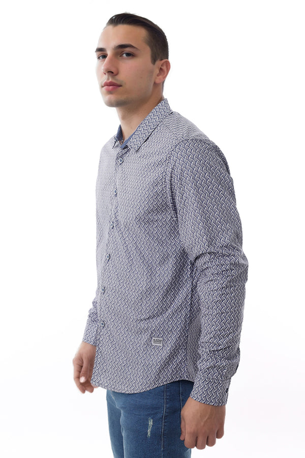 Camisa Hombre Manga Larga Blanco Estampado Mallas Azules - 210172