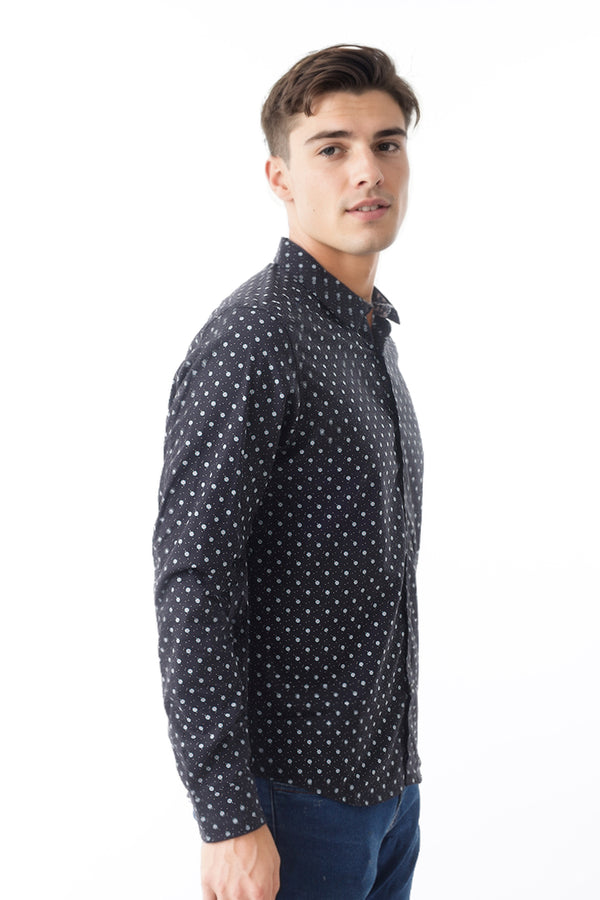 Camisa Hombre Pima Negro Estampado Cuadrados/Cruces - 220303