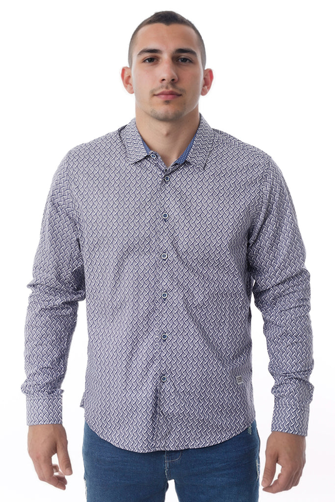 Camisa Hombre Manga Larga Blanco Estampado Mallas Azules - 210172