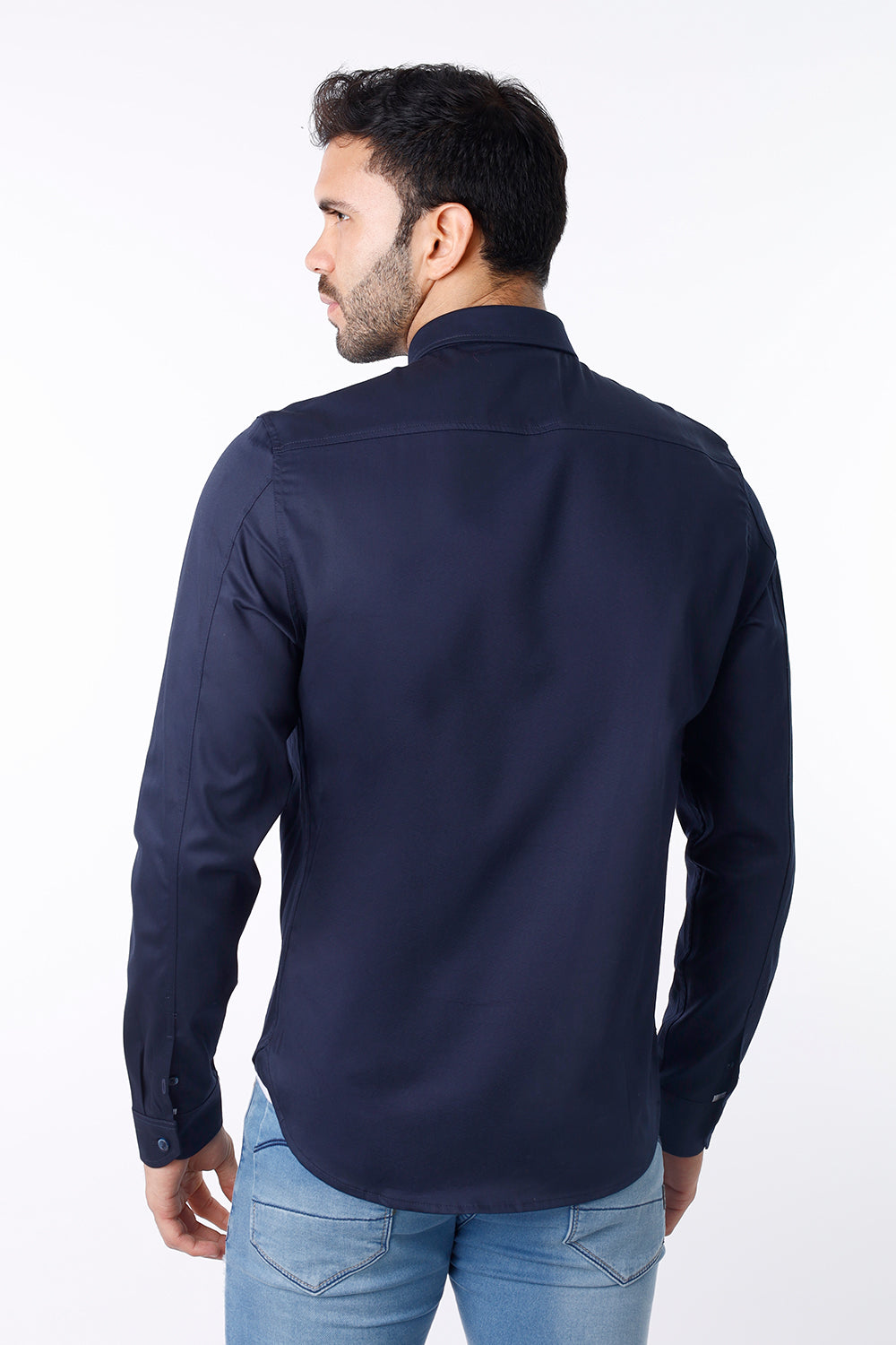 Camisa Hombre Manga Larga Satín Azul