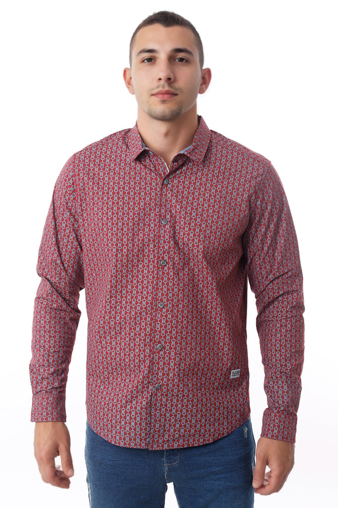 Camisa Hombre Manga Larga Makarena Guinda Estampado Cadenas - 220125